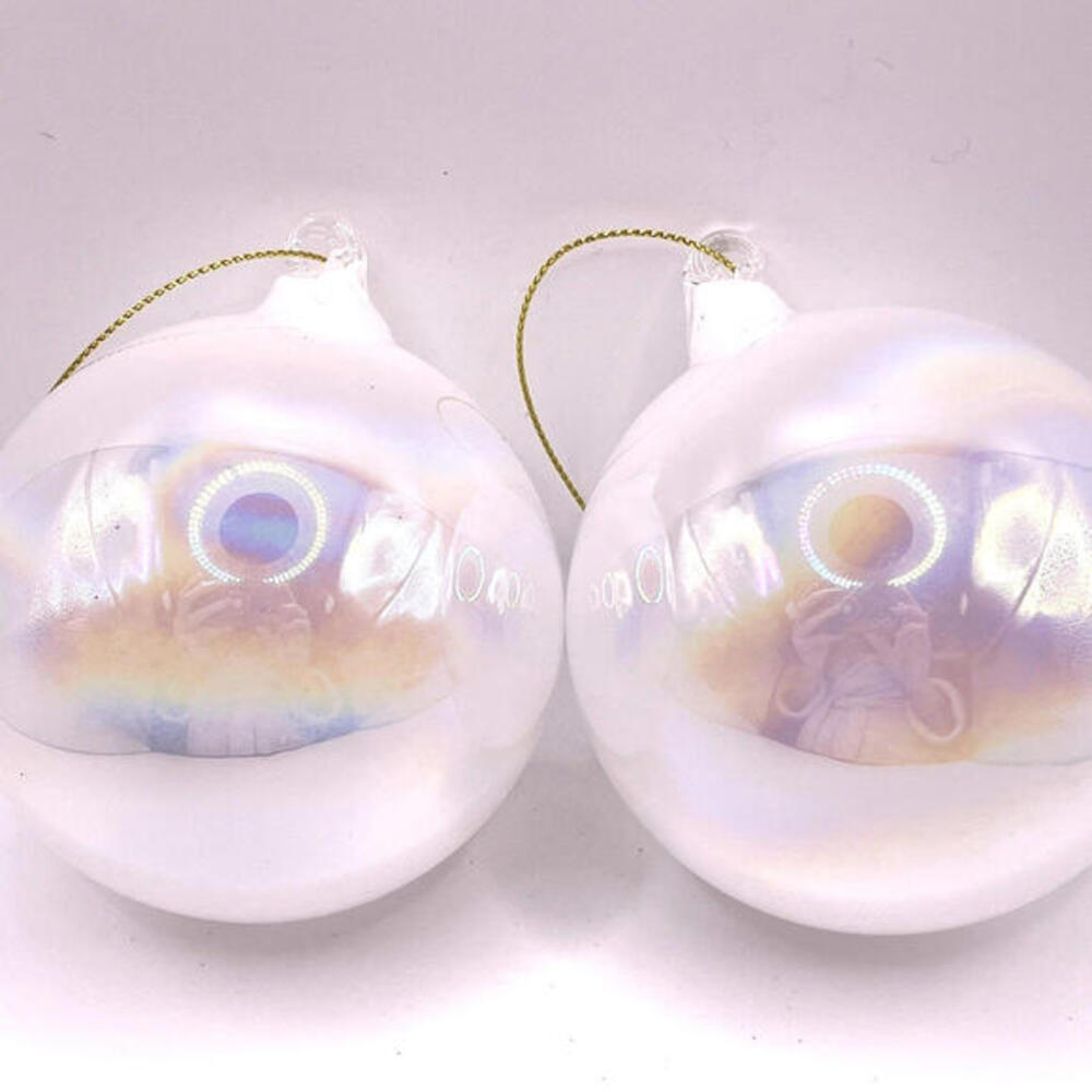 Iridescent White Hand Blown Art Glass 3" Christmas‎ Tree Ball Ornament LOT of 2